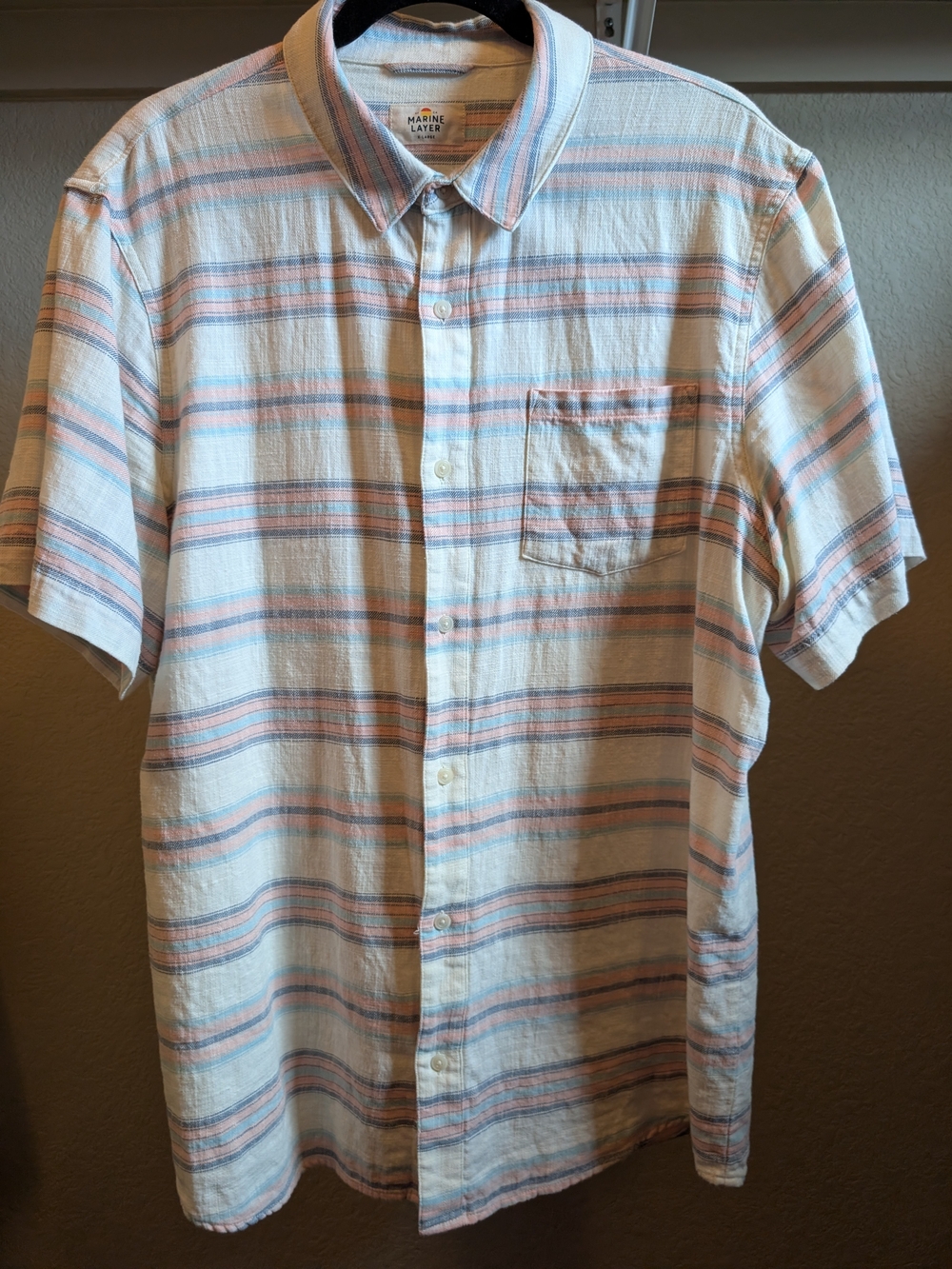 Marine Layer Cream Button-Down Shirt with Pink & Blue Stripes